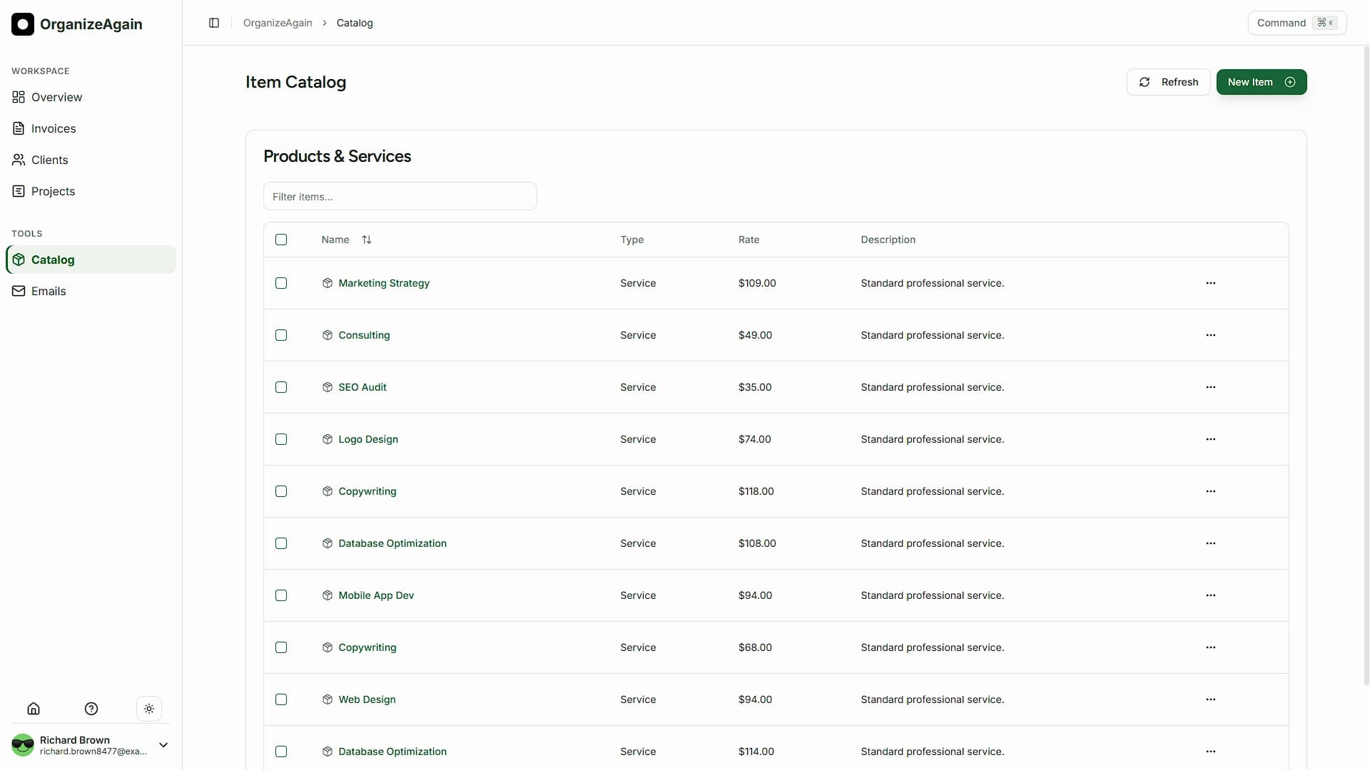 Item catalog interface