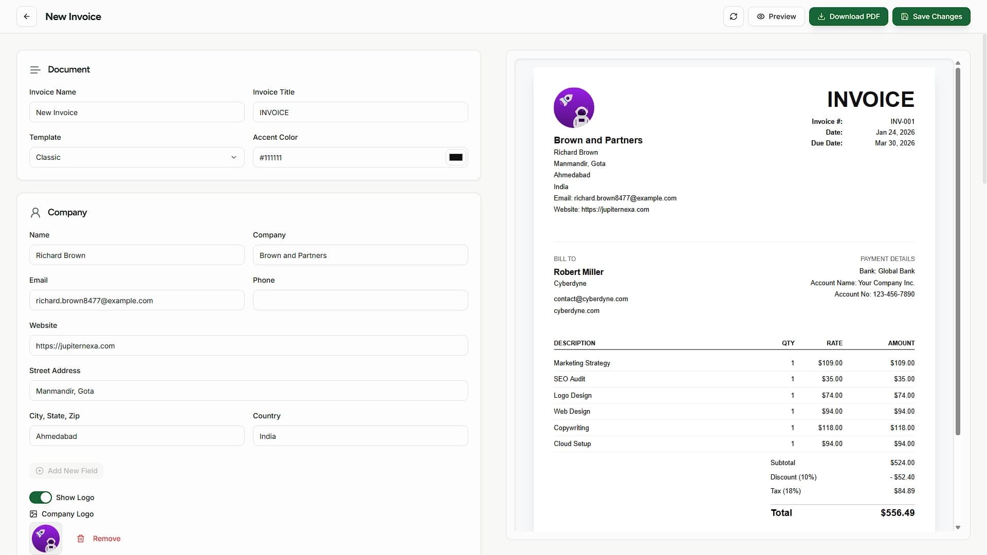 Invoice creation interface